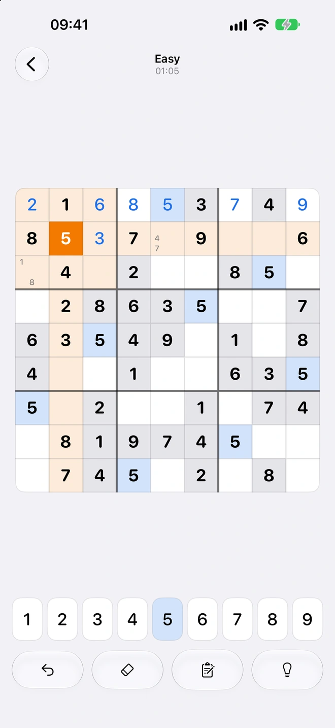 Sudoku: Infinite Classic in light mode, showing a puzzle with notes, number keys, and undo, erase, notes, and hint controls.