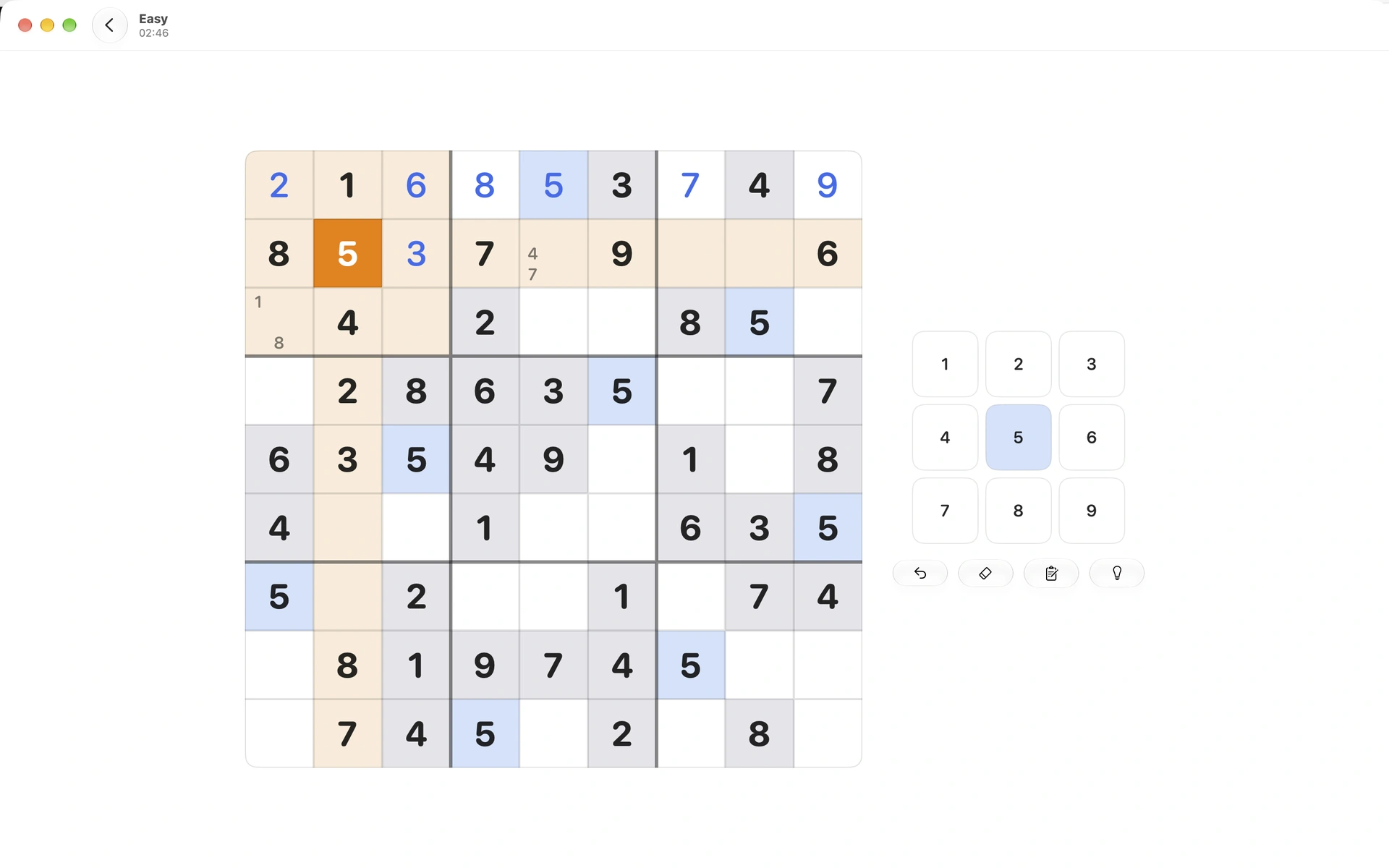 Sudoku on Mac, with a large puzzle board and number keypad beside it.
